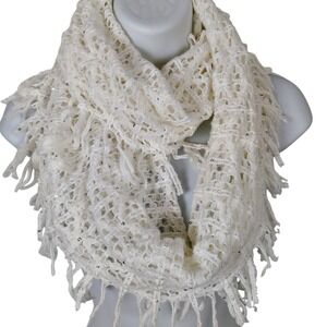 Cream White Crochet Infinity Scarf Silver Sequins Fringe coquette romantic